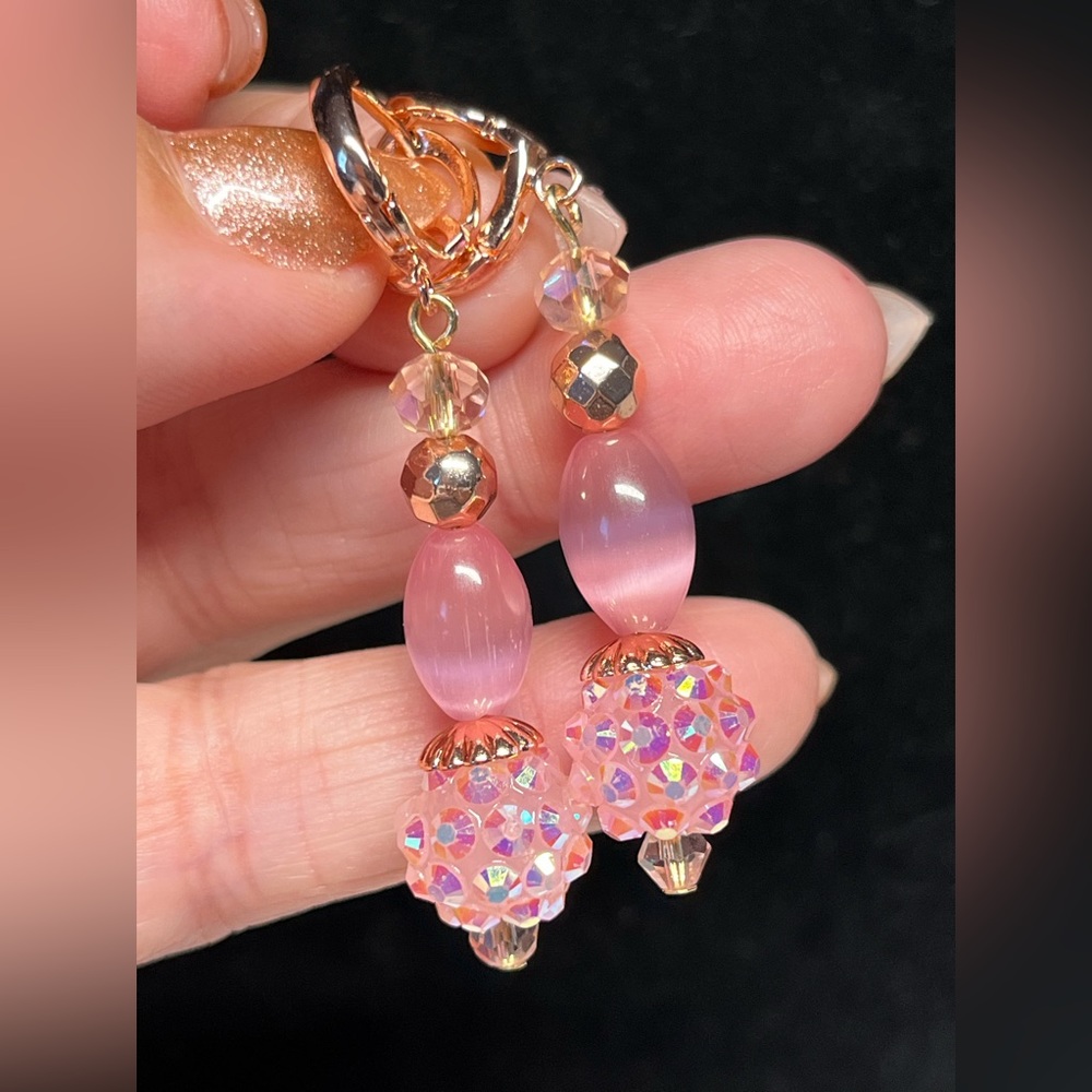 Pink cats eye and rose gold  earrings with stainless nickel free lever backs